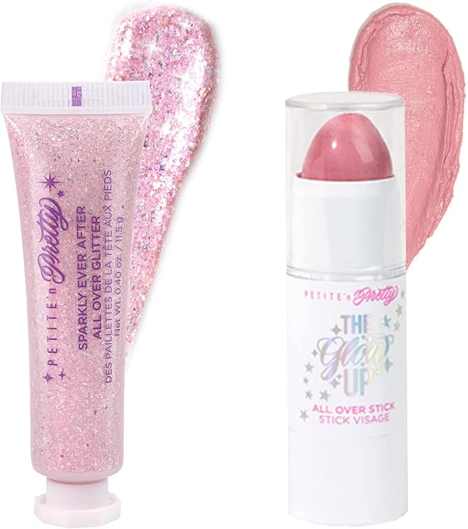 Petite N Pretty Glitter Makeup Set - Shimmering for Eyes, Cheeks, and Body - Glow Up Stick & All-Over Glitter in Pink Sherpa Bag for Kids, Teens, and Tweens (Pink)