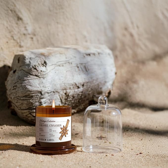 Hidden Label Caramel Cinnamon Candle, 10oz Bell Jar, Fall Aromatherapy | 55H Burn | Amber Base Glass Dome Vessel | Non Toxic Soy Wax | Autumn Spa & Meditation