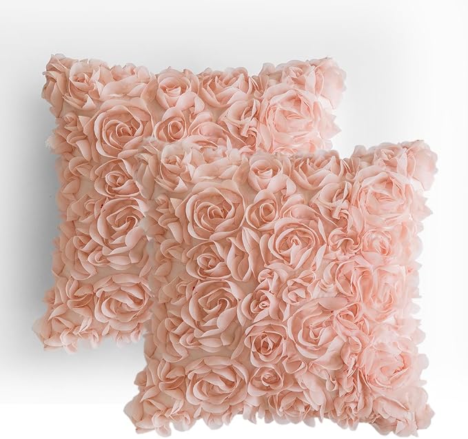 MIULEE Decorative Rose Flower Pillow Covers Pack of 2 Peach Pink 16x16 Inch | Cute Romantic Stereo Chiffon Throw Pillow Cover Aesthetic Solid Pillowcase for Girl Coquette Room Decor Coach Bedroom