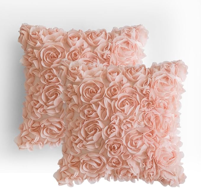 MIULEE Decorative Rose Flower Pillow Covers Pack of 2 Peach Pink 20x20 Inch | Cute Romantic Stereo Chiffon Throw Pillow Cover Aesthetic Solid Pillowcase for Girl Coquette Room Decor Coach Bedroom