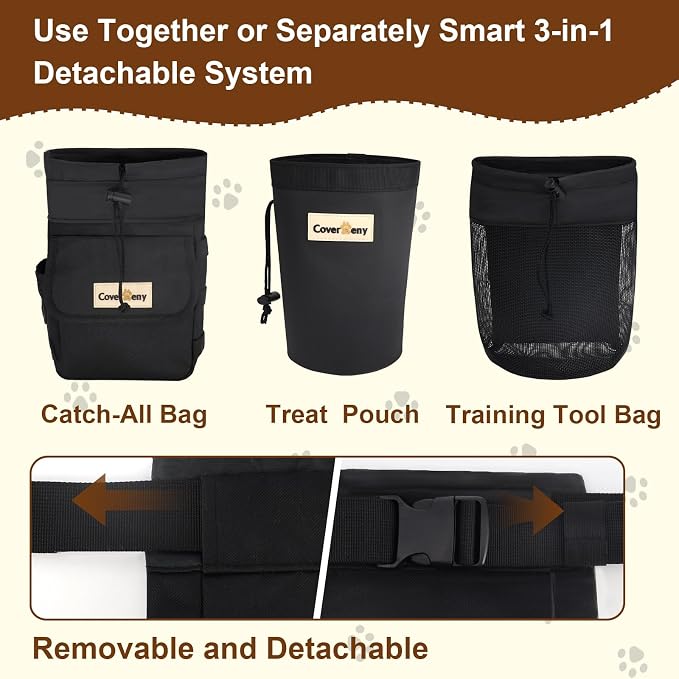 3-in-1 Dog Training Treat Bag with Adjustable Bolder Waist Belt, Include Waterproof Dog Treat Pouch, Mesh Training Tool Bag, Catch-All Bag with Poop Bag Dispenser for Full-day training and Hiking.