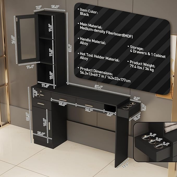Barber Salon Station for Hair Styling, Wall Mount Beauty Spa Furniture Equipped with Salon Equipment Hair Dryer Holder, Drawers, Storage Cabinet and Open Shelves, Without Mirror (Black)