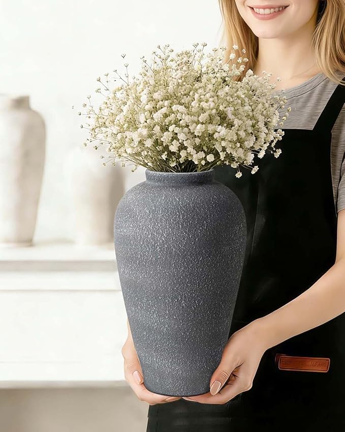 Large Ceramic Flower Vase 11 Inches, YBX Black Rustic Ceramic Vase, Decorative Farmhouse Tall Vase for Home Decor, Living Room, Bedroom, Centerpieces, Console, Wedding, Table Decorations, Black