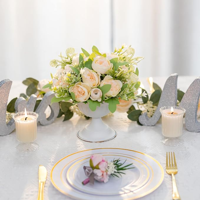 Sziqiqi White Compote Vase Wedding Centerpiece, Flower Arrangement, 2Pcs | 5.1in Metal Pedestal Urn Vases for Decoration, Bowl Planter Pot for Wedding, Party, Event, Birthday, Home