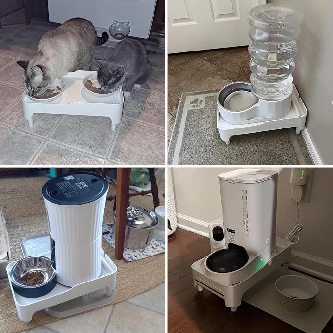 Raised Pet Feeder Stand for Cats and Dogs Neck Health, Adjustable Height Elevated Shelf Suitable for 90% Automatic Pet Feeder & Water Dispenser, with Drawer to Stock Pet Snacks, Canned Food