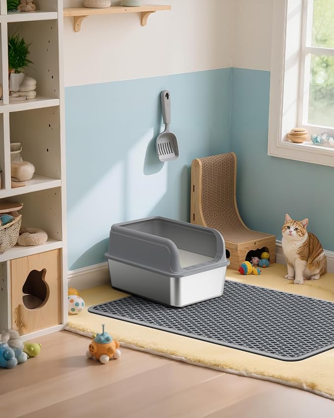 Powools Cat Litter Mat, 23.2 x 14.6 in, Waterproof, Non-Slip, Grey | Litter Trapping Mat, Easy to Clean, Litter Box Mat, Urine-Proof, Cat Toilet Training Systems Accessories, Indoor Cats