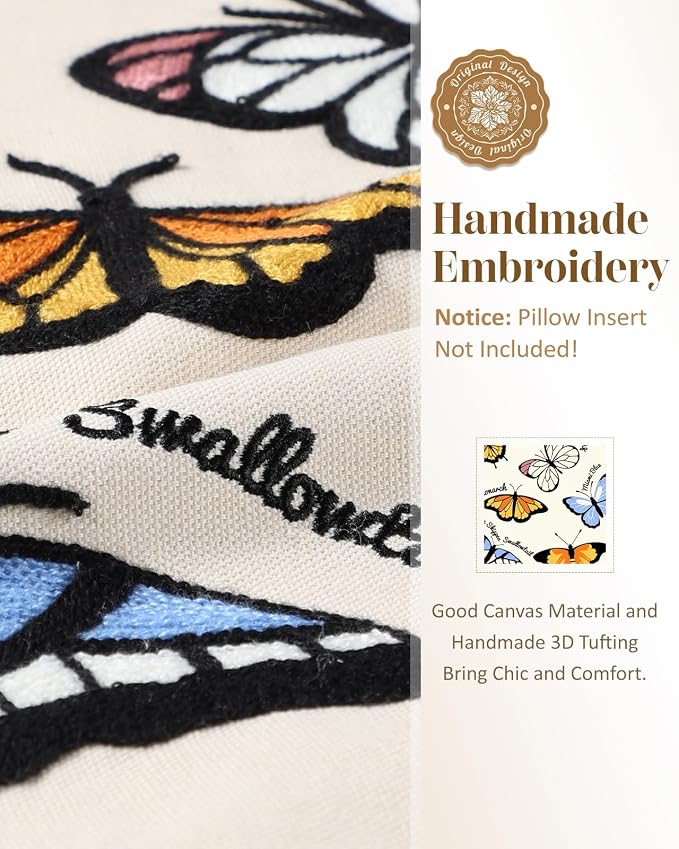 Animal Embroidered Throw Pillow Cover 18x18 Inch, Butterfly | Decorative Pillow Cover, Cottagecore Cushion Cases with Hidden Zipper, Farmhouse Decor for Couch, Sofa, Living Room
