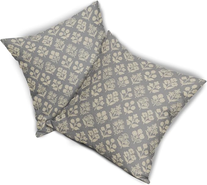 Grey Gray Floral Block Print Pillow Covers 20x20 Inch Set of 2, Vintage Flower Pattern Decorative Throw Pillowcases Outdoor Farmhouse Cushion Covers Spring Summer Rustic Sofa Couch Bed Decor