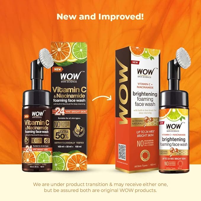 WOW Skin Science Vitamin C Exfoliating Face Wash With Brush, Soft, Silicones Bristles, Foaming Cleanser For All Skin Type, Hydrate For Smooth Skin, Helps Remove Blackheads, Reduce Acne Breakout, 100ml