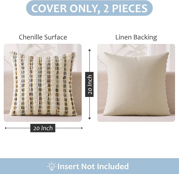ANRODUO Boho Chenille Decorative Pillow Covers 20x20 Set of 2 Brown White | Textured Tufted Stripes Woven Cushion Case, Farmhouse Accent Neutral Pillowcase for Couch Sofa Bed Living, Room Decor