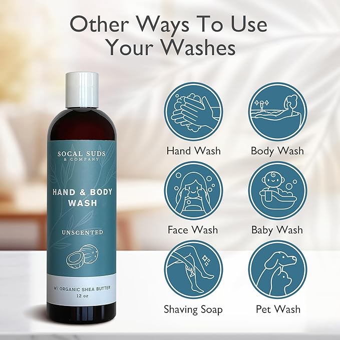 SoCal Suds & Company Organic Shea Butter Body Wash, 2-Pack – Fragrance-Free Liquid Castile Soap for Hand & Body, Moisturizing Plant-Based Organic Soap for Women, Men & Sensitive Skin (12oz Each)