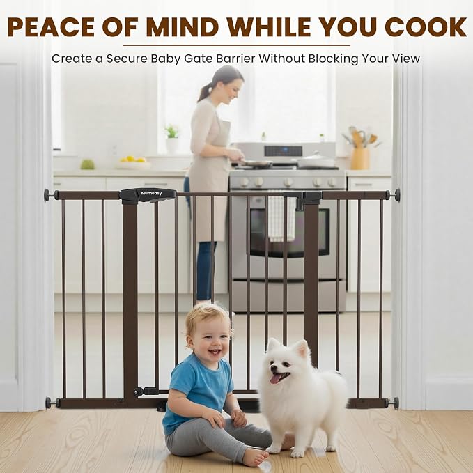 Mumeasy 29.7–48" Baby Gate for Stairs, Dog Gate for Doorways, Auto Close Child Gate, Indoor Safety Pet Gate with Walk Thru Door, Easy Install Pressure Mounted Extra Wide Gate for Kitchen, House, Brown