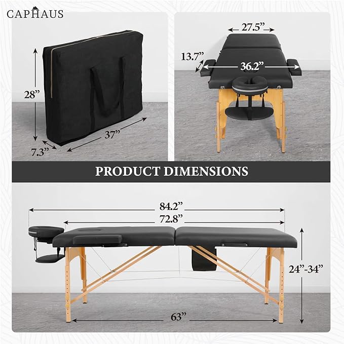 CAPHAUS Premium Memory Foam Massage Table, 84 Inch Foldable & Portable Massage Bed, Height Adjustable Spa Bed, Facial Cradle Salon Bed Wooden Legs & Carry Case, 28 Inch Wide, Black