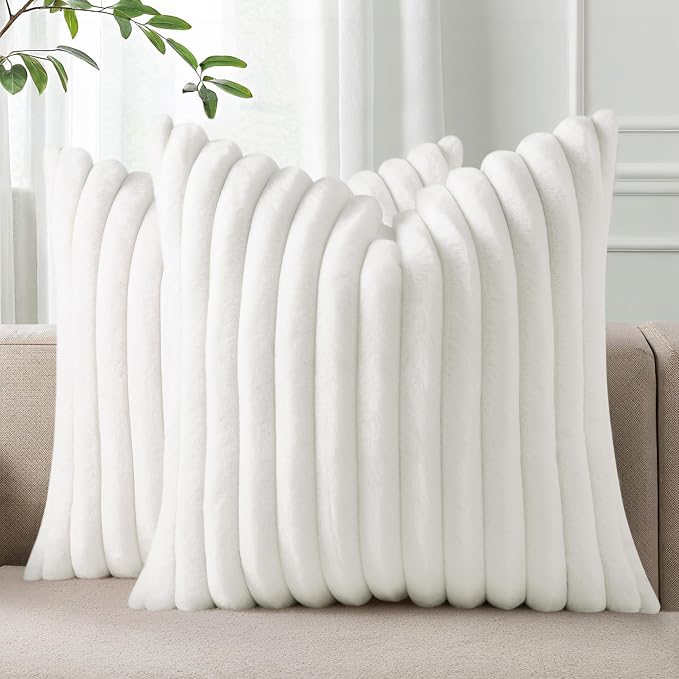 Pallene Faux Fur Decorative Throw Pillow Covers 18x18 Set of 2, White | Luxury Plush Texture, Striped Design, Cozy Soft Touch, Modern Home Accent Decor for Couch, Sofa, Bed, Living Room