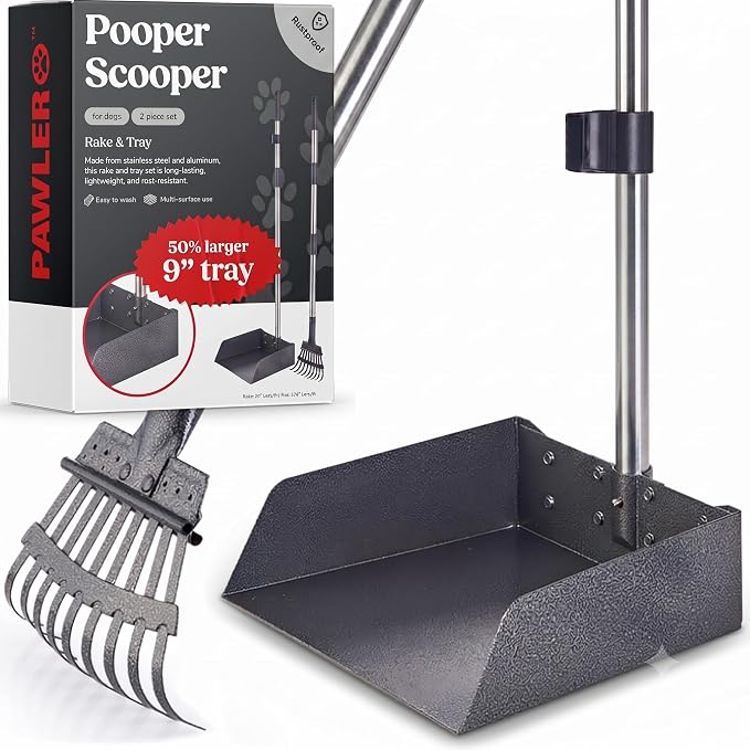 Pooper Scooper for Dogs with Heavy Duty Long Handle Rake & XL Tray | Rustproof Aluminum Poop Scooper for Large Dogs, 36+" Handles and 9”W 9.5”L Extra Large Tray for Yard, Grass, Dirt & Gravel