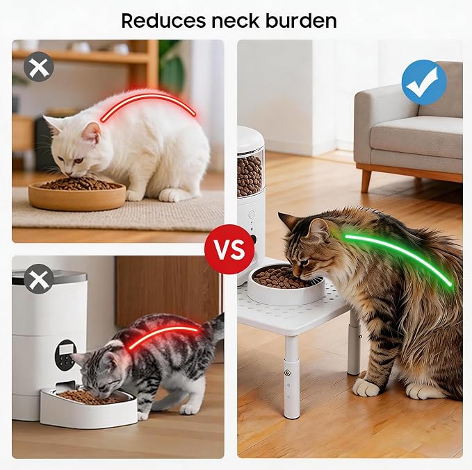 W‌SOWX Adjustable Automatic Cat Feeder Stand, Elevated Cat Food Stand,White | Lifted Cat Food Table Station,Raises Feeder/Bowls by 4.1"/4.9"/5.7",Relieves Spine and Joints Noticeably on Pets-Sturdy Metal