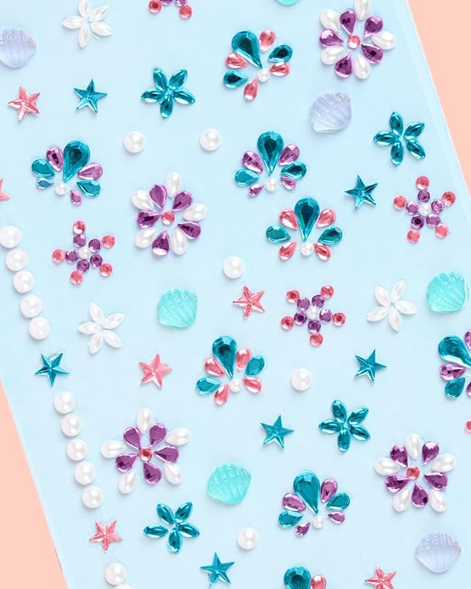 xo, Fetti Kids Face Gems, Mermaid Pink + Blue - 52 pcs. | Cute Seashell Face Stickers, Pearl Birthday Rhinestone Accessory, Under the Sea Decorations