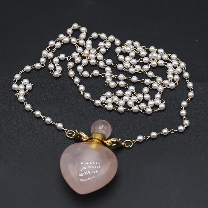 1pcs Natural Rose Quartz Stone Perfume Bottle Pendant Pearl Bead Chain Rectangle Heart Necklace for Women Jewelry Free Accessory Glasses