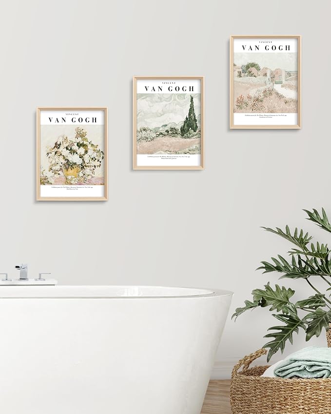 HesenDot Van Gogh Framed Wall Art, Neutral Canvas Prints Set of 3 | 12x16IN High Framed Design Prints, Floral Landscape Artwork, Vintage Wall Decor for Living Room Bedroom Gallery Office