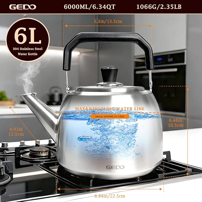 GEDO Stainless Steel Whistling Tea Kettle, 304 Food Grade, Large Capacity, Stovetop Kettle for Gas Stove and Induction Cooktop (6L/6.34QT)