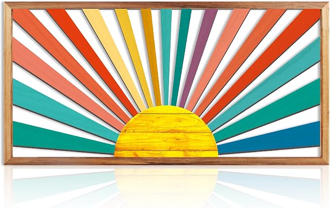 IARTTOP Large Boho Sun Wall Art Framed Wooden Art Wall Decor Colorful Rainbow Geometric Line Sunshine Artwork for Living Room Bedroom Office 16x32 Inch
