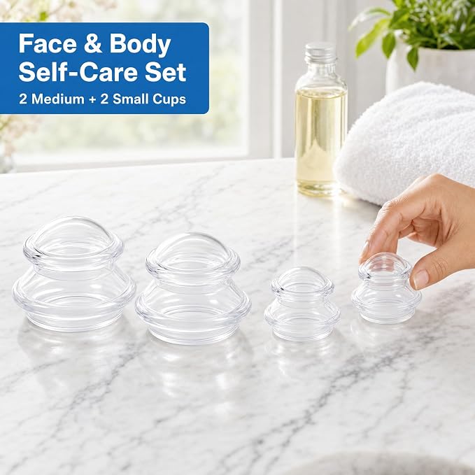 ELERA Silicone Cupping Set for Face & Body, 4 Pcs Facial Cupping Therapy Kit, Lymphatic Drainage Tool & Fascia Massage Cups for Neck, Shoulder & Muscle Pain Relief (2 Medium, 2 Small)