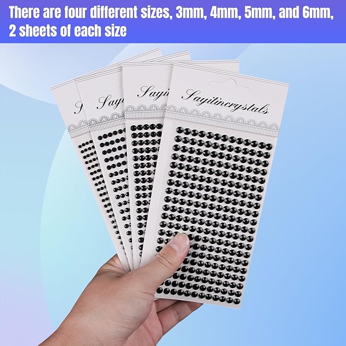 8 Sheets Rhinestone Stickers，3584 Pcs Gem Stickers for DIY Face Eyes Makeup Hair（Black-3/4/5/6mm）