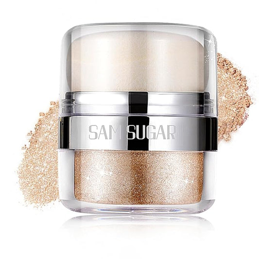 Body Shimmer Powder, Body Glitter Powder with Sponge Head, 3D Contour & Long Lasting Luminous, Glow Highlighter Makeup for Face, Eyes, Hair, Perfect for Daily, Party (Champagne Gold, 1.13 Oz)