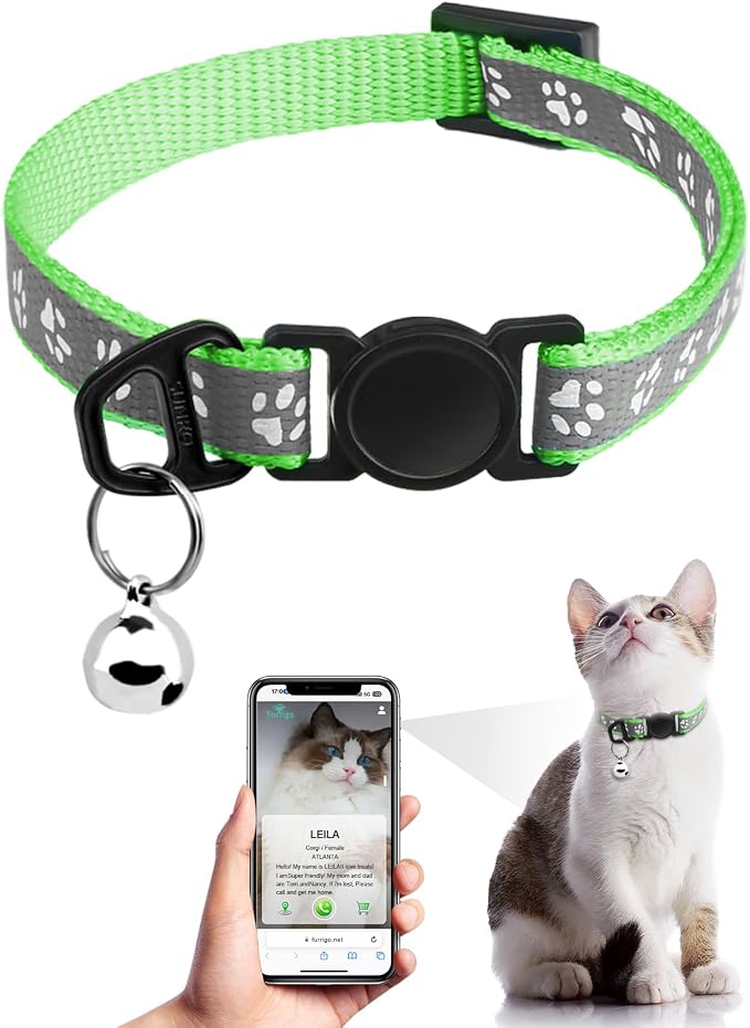 Breakaway Reflective Cat Collar with QR Name Tag & Bell (Light Green)