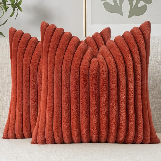 MIULEE Faux Fur Decorative Throw Pillow Covers 20x20 Set of 2 Rust | Vintage Boho Fall Modern Soft Plush Couch Pillows, Cozy Fluffy Cushion Covers for Sofa Bed Living Room Home Decor