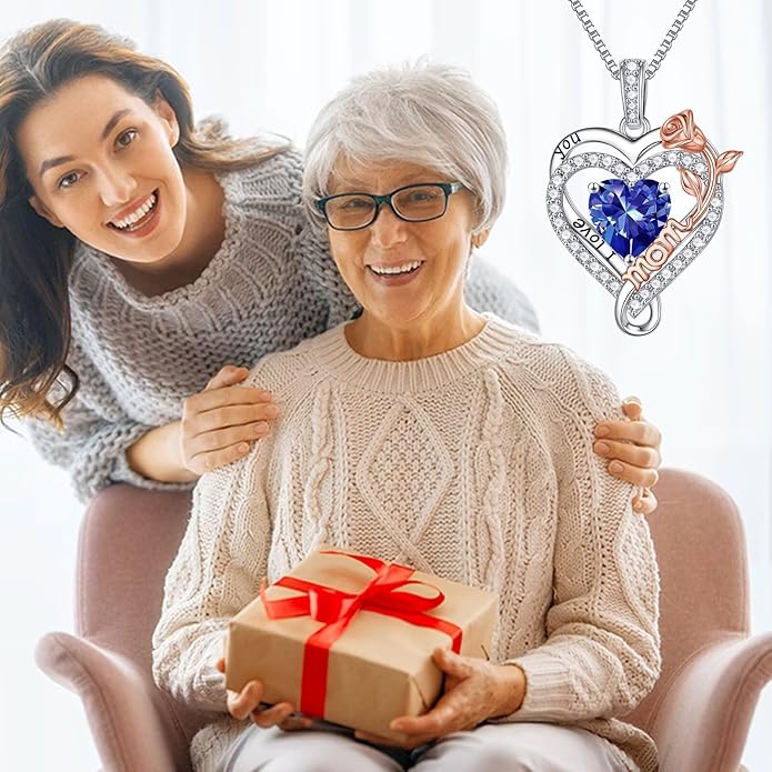 Iefil Valentines Day Gifts for Mom - 925 Sterling Silver Heart Necklace for Women, Birthstone Jewelry, Birthday Gifts for Bonus/Step/New Mom/Mother in Law