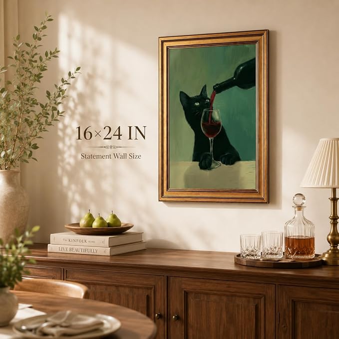 Framed Black Cat Canvas Wall Art,Funny Animal Picture Wall Decor24x16in | Whimsical Cat Canvas Print,Vintage Cottagecore for Kitchen, Dining Room, Home Bar, Study or Cat Lover