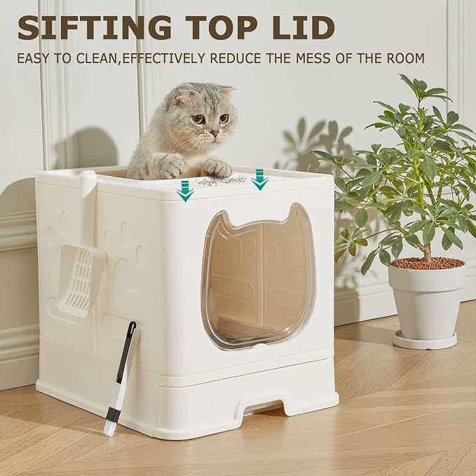 Cat Litter Box with Lid, Covered Top Entry Kitten Litter Pan for Small and Medium Cats, Anti-Splashing Kitty Potty with Slide-Out Litter Tray