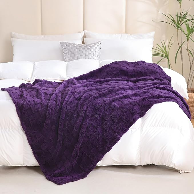 Deep Purple Fleece Throw Blanket 50”×70”Checkered Design for Couch | Super Soft Cozy Plush Microfiber 3D Square Pattern Flannel Blanket for Sofa Bed Lightweight for Adults,Women