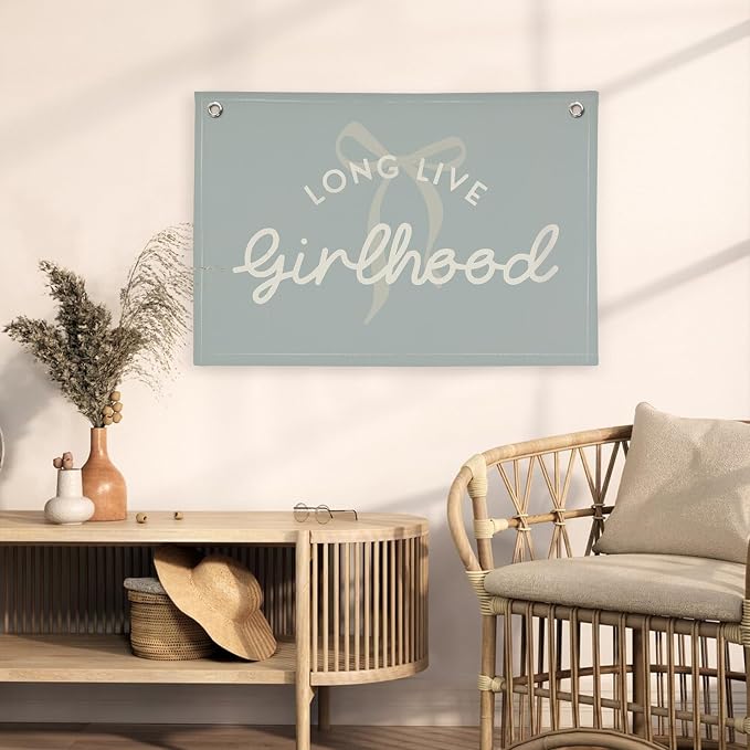 Blue Girls Room Decor, Long Live Girlhood Coquette Bow Cute Nursery Playroom Wall Hanging Linen Banner Flag, Baby Blue Kids,Toddler Bedroom Decorations, Baby Showers Newborn Gift 30x20,girlroom