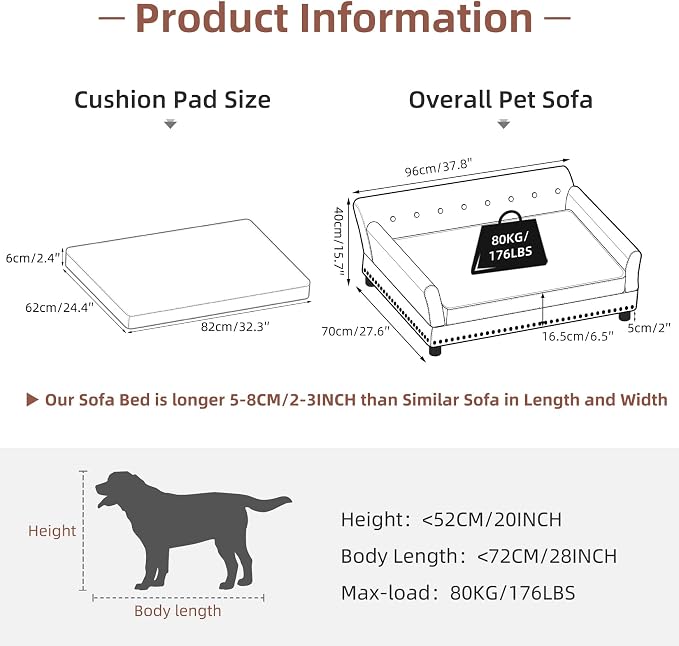 Large Leather Dog Sofa: Scratch Resistant Pet Couch up to 77lbs | Luxury Modern Indoor Dog Furniture, Elevated Wooden Frame Doggie Lounge Bed for Large Pet, Replaceable Cover, Easy Clean