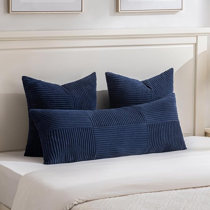 Fancy Homi Navy Blue Decorative Throw Pillow Covers 22x22 Inch for Living Room Couch Bed Sofa, Rustic Farmhouse Boho Home Decor, Soft Corss Corduroy Patchwork Accent Cushion Case 55x55 cm