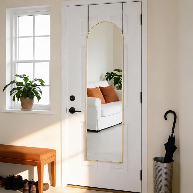 DUMOS Arched Full Length Mirror Over the Door, 47"x14" Wall Mount Mirror | Door Mounted Body Dressing Mirror, Metal Aluminum Alloy Frame, Bedroom Living Room Entryway, Gold