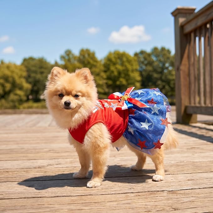 4th of July Pet Clothes for Small Dogs, 250th Independence Day Dog Seersucker Dresses Stars and Stripes Patriotic Pet Doggie Apparel Stretchable Outfit, M Size