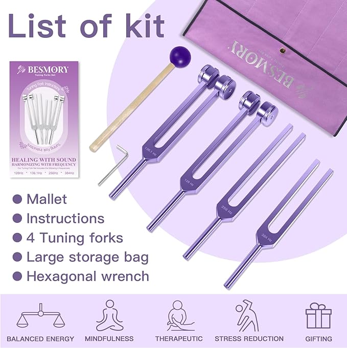 Tuning Forks for Healing Set — Includes 4 Frequency Tuning Forks (128Hz, 136.1Hz, 256Hz, 384Hz) and Reflex Hammer, Sound Healing Instruments for Chakra Sound Therapy, Yoga & Meditation Accessories