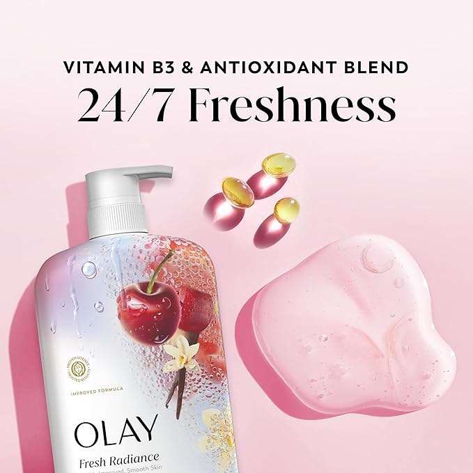 Olay Body Wash for Women, Fresh Radiance, 24/7 Skin-Loving Freshness, Visibly Radiant, Plant Based Cleansers, Vitamin B3 & Antioxidant Blend, For All Skin Types, Black Cherry & Vanilla Scent, 29 fl oz