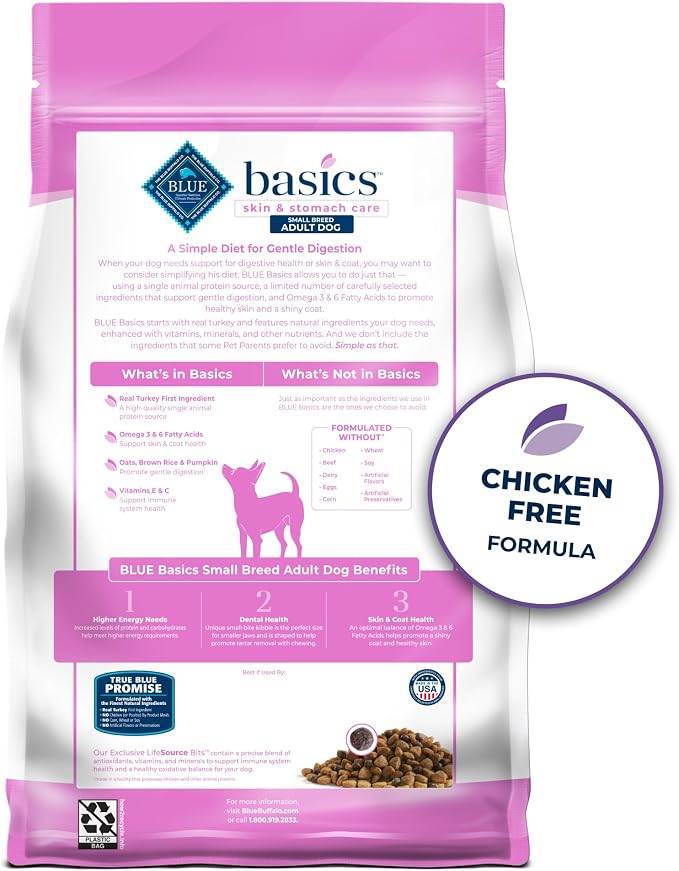 Blue Buffalo Basics Turkey Small Breed Adult Dry Dog Food, 4 lb | Skin & Stomach Care, Real Turkey #1 Ingredient, Limited Ingredient Diet, Antioxidant-Rich LifeSource Bits, High Energy Needs
