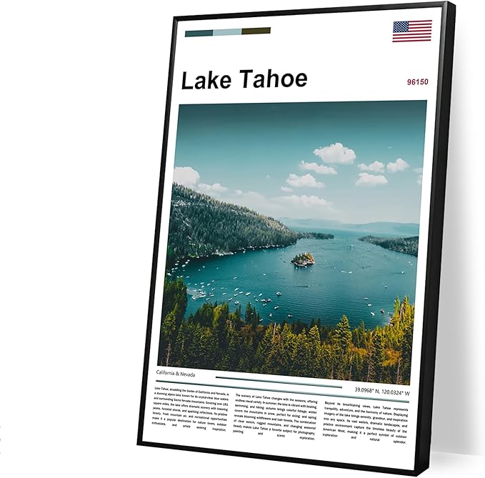 Poster Lake Tahoe Wall Art Original Design(17"x11" Unframed) Emerald Bay California Nevada Landscape Print Sierra Nevada Mountains Nature Scenery Alpine Lake View Travel Photography Picture