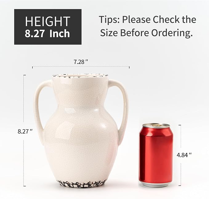 Emotionally Grounded Vase, Vaseking Large Ceramic Rustic Vase with 2 Handles, 8.3 inch Minimalist Decorative Farmhouse Vases for Home Decor, Living Room, Enterway, Table Decoration, Ice Cracked White