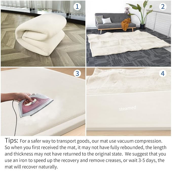 Huloo Sleep Ultra Soft Baby Play Mat for Floor,1.3" Thick Elasti-Foam 47x47 Play Mat for Playpen,Water-Repellent Coral Velvet for Tummy Time, Non-Slip Backing Safe for Toddlers & Infants（Cream）