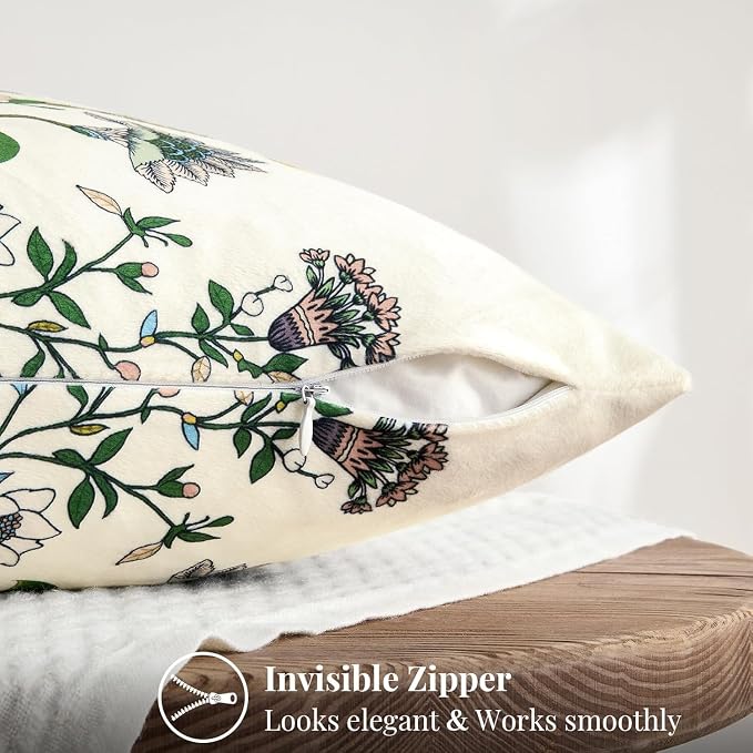 MUSSEL Ivory White Velvet Floral Decorative 16x16 Pillow Covers Set of 2 | Soft Durable and Sturdy,Bird Plant,Throw Pillows Case,Square,Colorful Modern Cushion Covers,Home Sofa Bed Couch Decor
