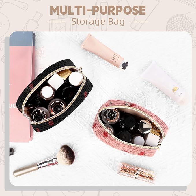 Cute Period Bag for Teen Girls, Corduroy Sanitary Napkin Storage Bag, Menstrual Pad Pouch Tampon Holder for Purse (Cherry-Beige)