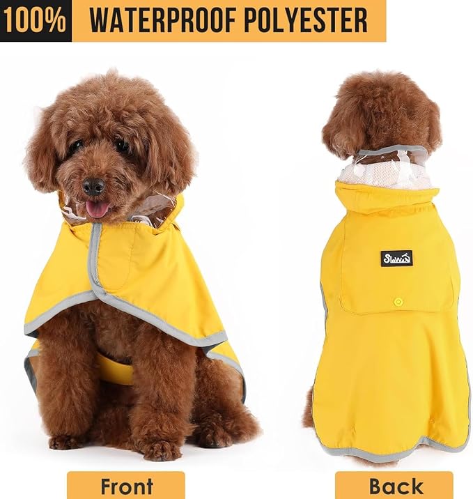 Lukovee Dog Raincoat, Waterproof Rain Jacket, Clear Hood & Reflective Rim | Easy On Off Adjustable Straps, Leash Hole, Soft Mesh Lining, Storage Pocket, Poncho for Small Medium Large Dogs (Yellow, 3XL)