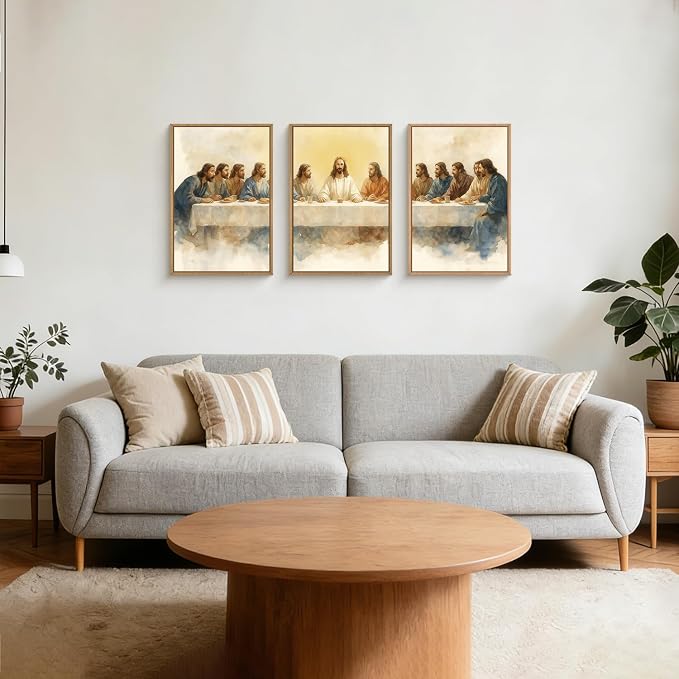 FWIEXA Jesus Last Supper Canvas Wall Art Set 3, Framed Easter Christian Decor Painting, Religious Boho Prints , Bible Watercolor Artwork, 24x36In Verse Scripture Pictures for Living Room,Bedroom,Prayer Room