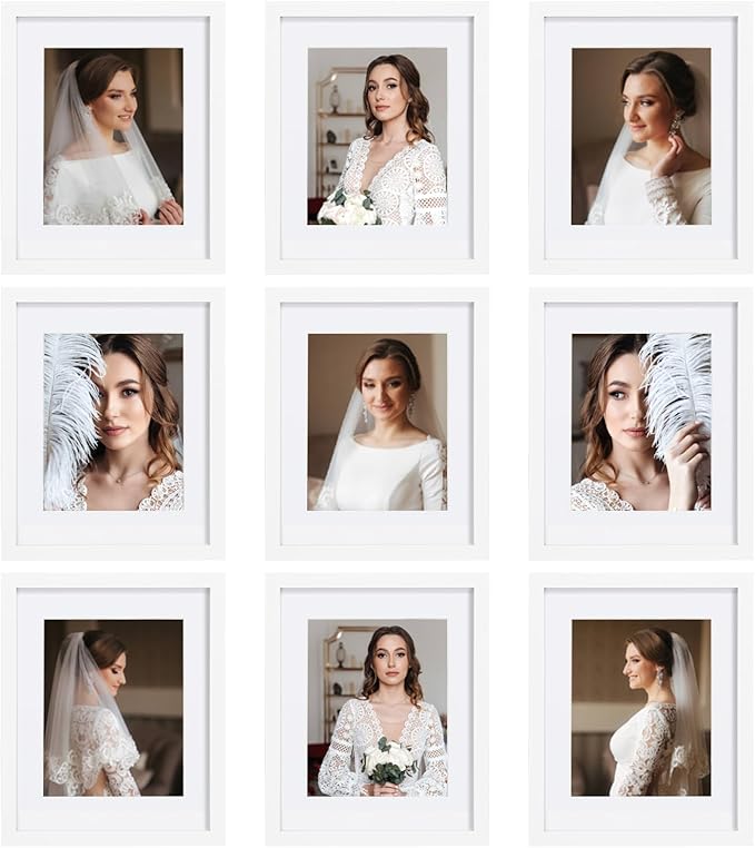 11x14 Picture Frame Set of 9, Display Pictures 8x10 with Mat or 11x14 without Mat, Multi Collage Gallery Square Photo Frames for Wall or Tabletop, White